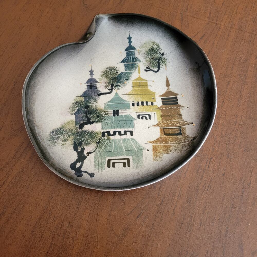 Vintage Sascha Brastoff Japanese Pagodas Tray Dish Mid Century Made in USA F42